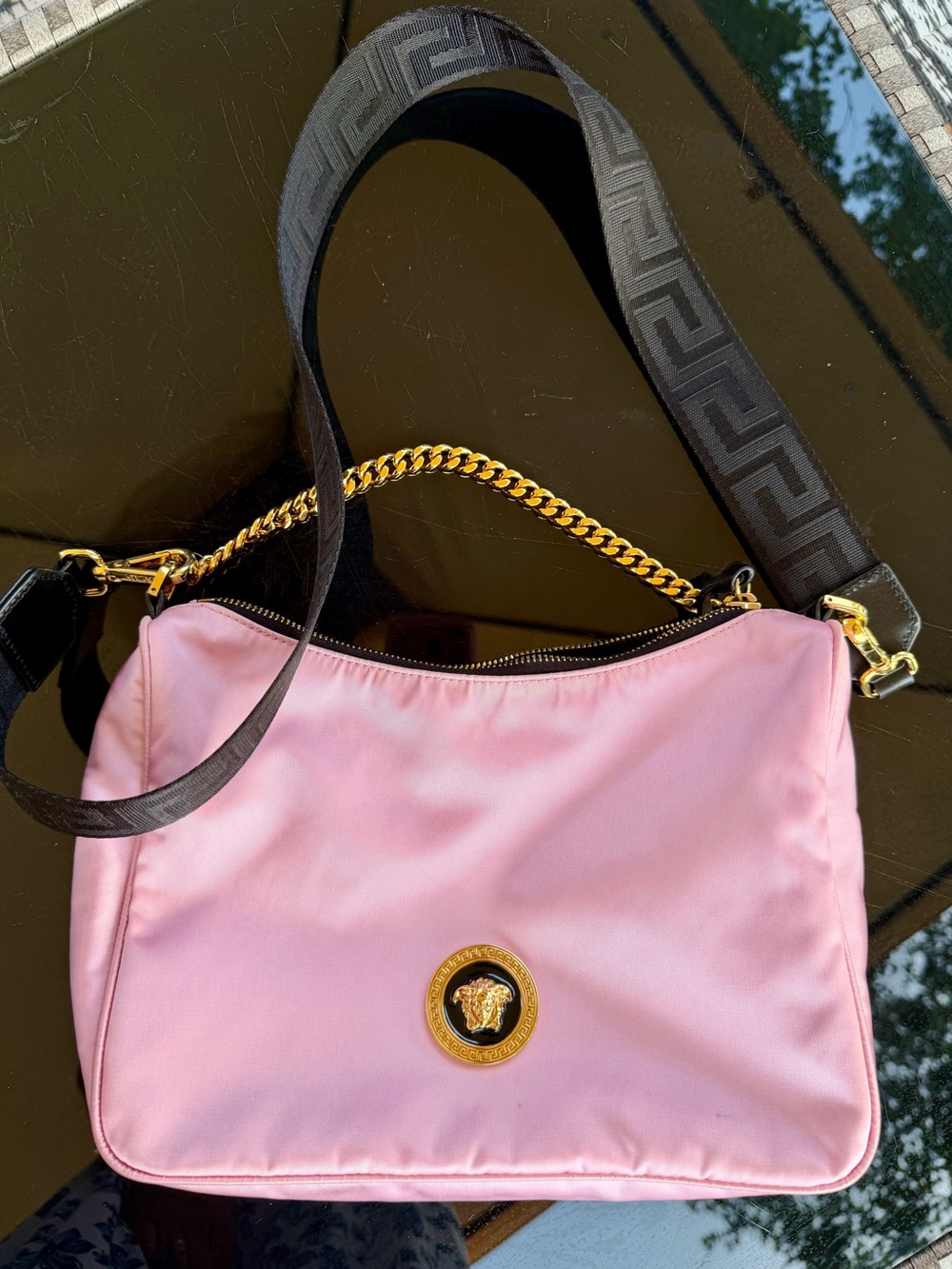 Versace Pink Shoulder Bag with Gold Medusa Medallion and Black Strap